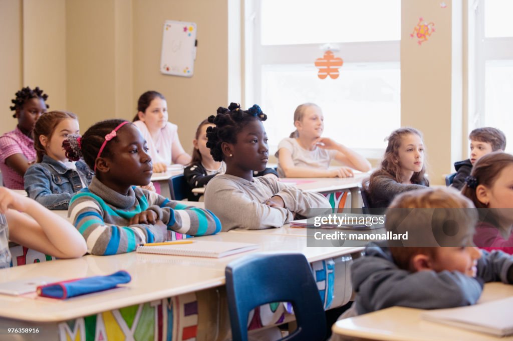 Multi-ethnic students sit into the class for the first day at school