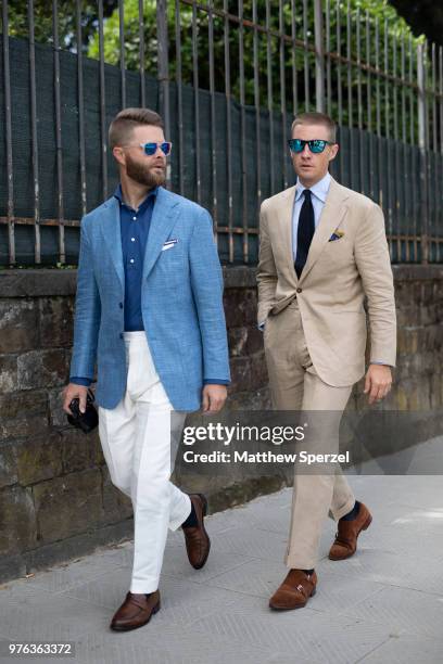 Guests are seen during the 94th Pitti Immagine Uomo on June 14, 2018 in Florence, Italy.