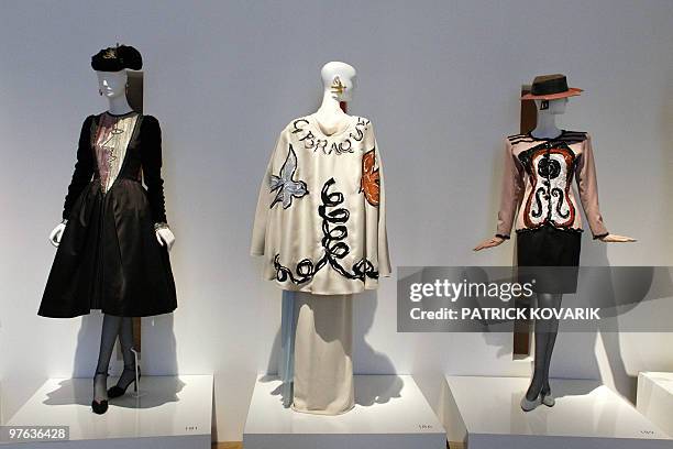 Models "dialogue with artists and writers" are displayed during an exhibition dedicated to Yves Saint-Laurent on March 8, 2010 at the Petit Palais in...