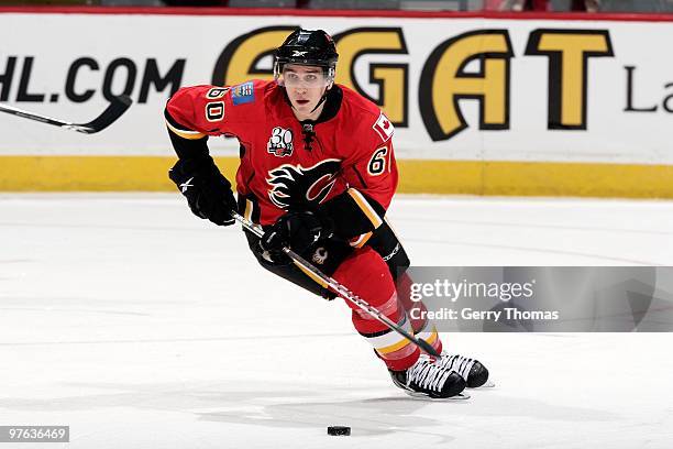 Mikael Backlund of the Calgary Flames skates against the Minnesota Wild on March 3, 2010 at Pengrowth Saddledome in Calgary, Alberta, Canada. The...