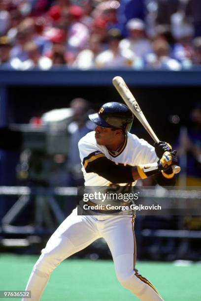 Outfielder Barry Bonds of the Pittsburgh Pirates bats during a Major League Baseball game at Three Rivers Stadium in 1989 in Pittsburgh, Pennsylvania.
