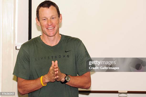 Lance Armstrong gives a speech during the Livestrong Global Cancer Campaign Launch visit to cancer survivors at Groote Schuur Hospital on March 11,...