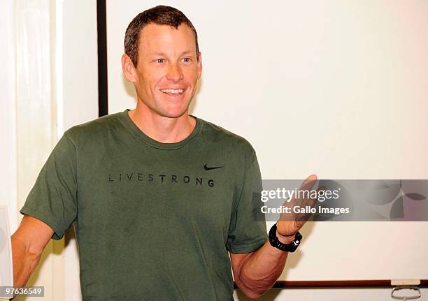 Lance Armstrong gives a speech during the Livestrong Global Cancer Campaign Launch visit to cancer survivors at Groote Schuur Hospital on March 11,...