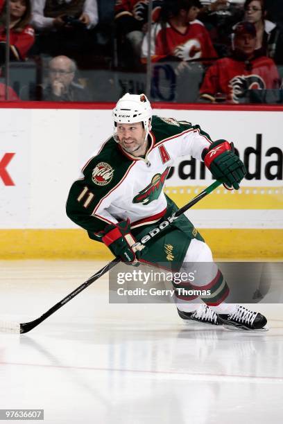 Owen Nolan of the Minnesota Wild skates against the Calgary Flames on March 3, 2010 at Pengrowth Saddledome in Calgary, Alberta, Canada. The Wild won...