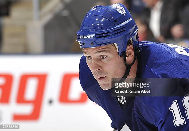 Wayne Primeau of the Toronto Maple Leafs looks on during a break in the game against the Boston Bruins on March 9, 2010 at the Air Canada Centre in...