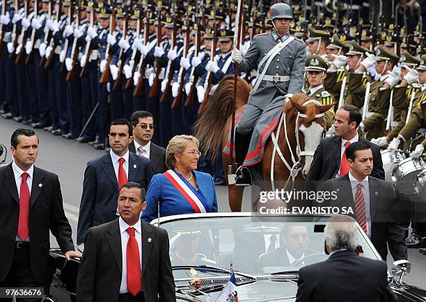 Chilean outgoing President Michelle Bachelet arrives at the National Congress in Valparaiso before President Sebastian Pinera inauguration on March...