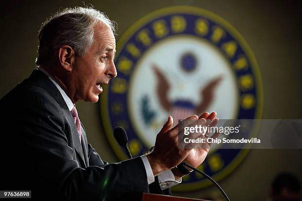 Senate Banking Committee member Sen. Bob Corker holds a news conference at the U.S. Capitol March 11, 2010 in Washington, DC. Expressing great...