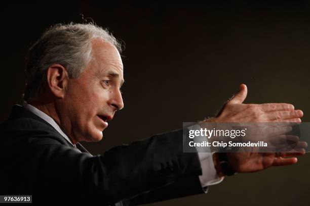 Senate Banking Committee member Sen. Bob Corker holds a news conference at the U.S. Capitol March 11, 2010 in Washington, DC. Expressing great...