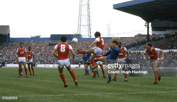 Kenny Sansom of Arsenal clears the ball as Chelsea attack during the Canon League Division One match between Chelsea and Arsenal held on September...