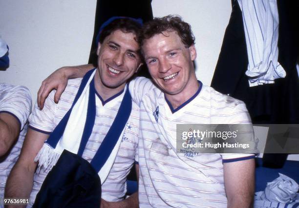 Chelsea goalscorers Colin Lee and David Speedie celebrate victory in the dressing room after the Full Members Cup Final between Manchester City and...