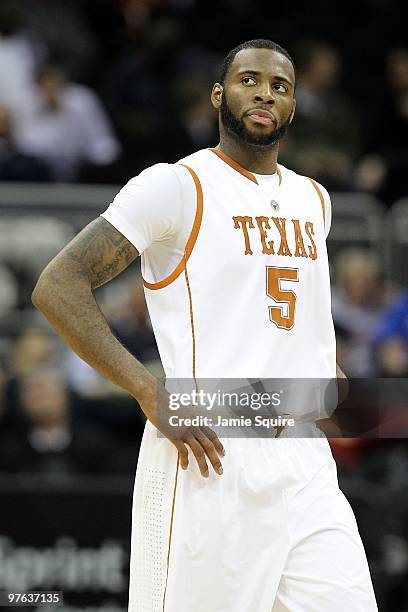 Damion James of the Texas Longhorns looks in against the Iowa State Cyclones during the first round game of the 2010 Phillips 66 Big 12 Men's...