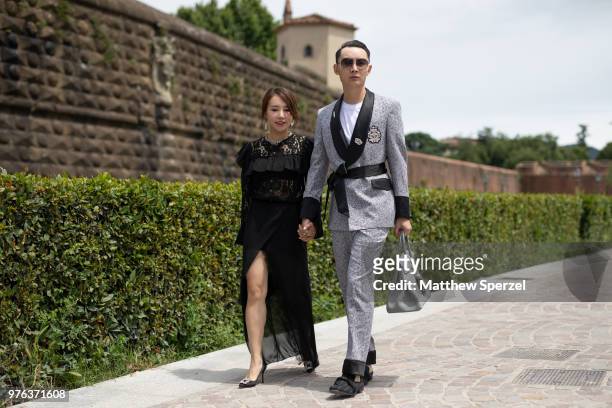 Guests are seen during the 94th Pitti Immagine Uomo on June 14, 2018 in Florence, Italy.