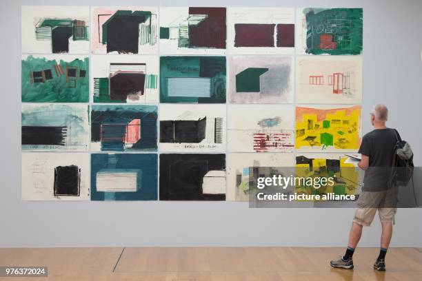 June 2018, Germany, Dresden: A man standing before the drawings "Archiv Nr. 9 Tuer-Block" by Austrian artist Christian Sery in the exhibition "Sery...