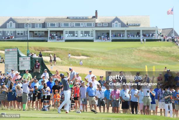 Tony Finau of the United States plays his shot from the 17th tee during the third round of the 2018 U.S. Open at Shinnecock Hills Golf Club on June...