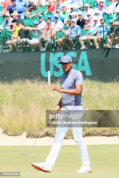 Tony Finau of the United States walks on the 16th green during the third round of the 2018 U.S. Open at Shinnecock Hills Golf Club on June 16, 2018...