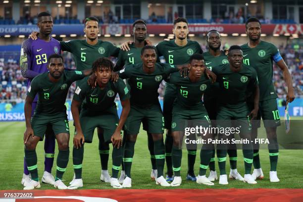 Nigeria players pose for a team photo prior to the 2018 FIFA World Cup Russia group D match between Croatia and Nigeria at Kaliningrad Stadium on...