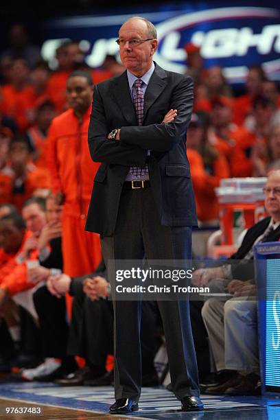 Head coach Jim Boeheim of the Syracuse Orange looks on from the sidelines during the quarterfinal of the 2010 NCAA Big East Tournament at Madison...