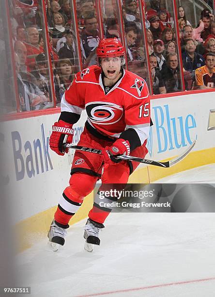 Tuomo Ruutu of the Carolina Hurricanes skates for position along the boards during a NHL game against the Ottawa Senators on March 4, 2010 at RBC...