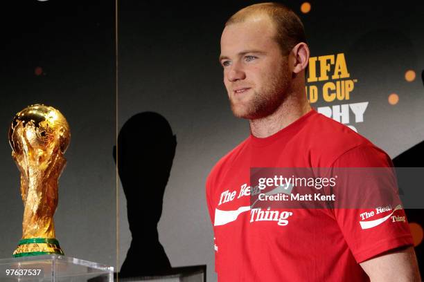 England striker Wayne Rooney takes part in the FIFA World Cup Trophy Tour by Coca-Cola at Earls Court on March 11, 2010 in London, England.