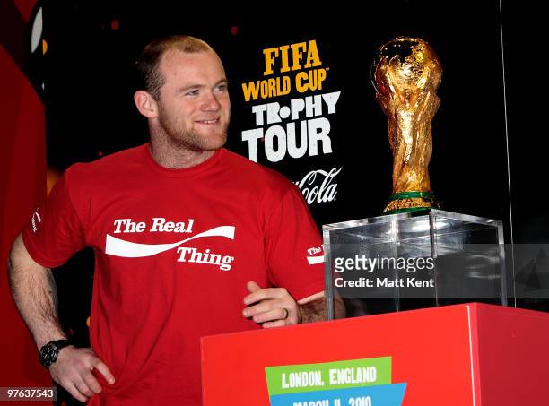 England striker Wayne Rooney takes part in the FIFA World Cup Trophy Tour by Coca-Cola at Earls Court on March 11, 2010 in London, England.