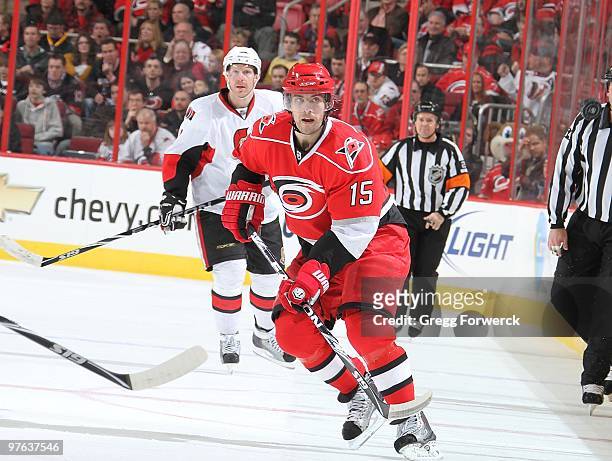 Tuomo Ruutu of the Carolina Hurricanes skates for position on the ice during a NHL game against the Ottawa Senators on March 4, 2010 at RBC Center in...