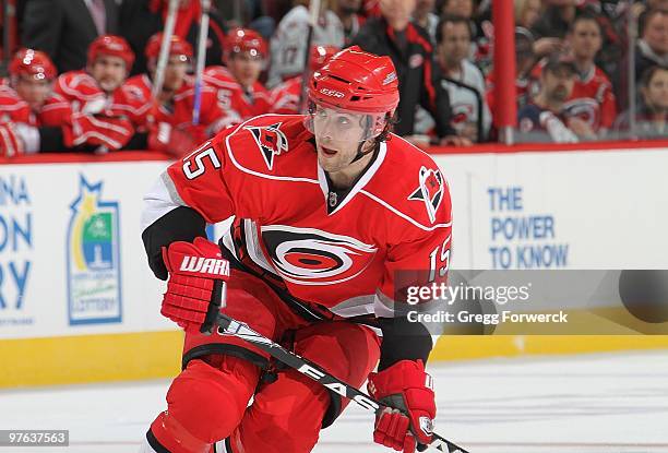 Tuomo Ruutu of the Carolina Hurricanes skates for position on the ice during a NHL game against the Ottawa Senators on March 4, 2010 at RBC Center in...