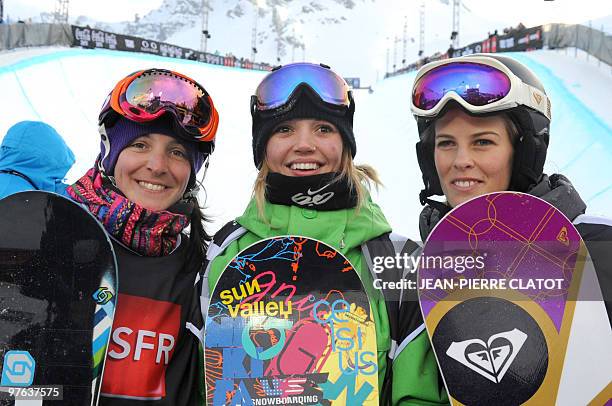 Kaitlyn Farrington ,first, Australian Torah Bright , second and French Sophie Rodriguez, third, pose on the podium of the Women's snowboard superpipe...