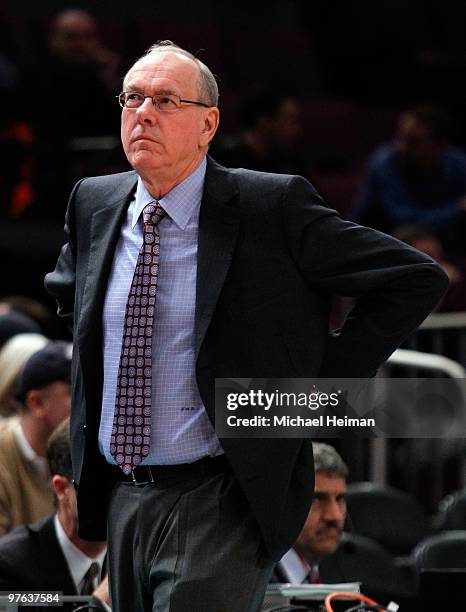 Head coach Jim Boeheim of the Syracuse Orange looks on from the sidelines during the quarterfinal of the 2010 NCAA Big East Tournament at Madison...