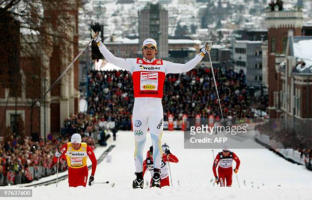 Emil Joensson of Sweden reacts as he crosses the finish line to place first in the FIS world cup men`s sprint cross country skiing in Drammen, on...