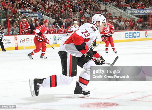 Jarkko Ruutu of the Ottawa Senators skates for position on the ice during a NHL game against the Carolina Hurricanes on March 4, 2010 at RBC Center...