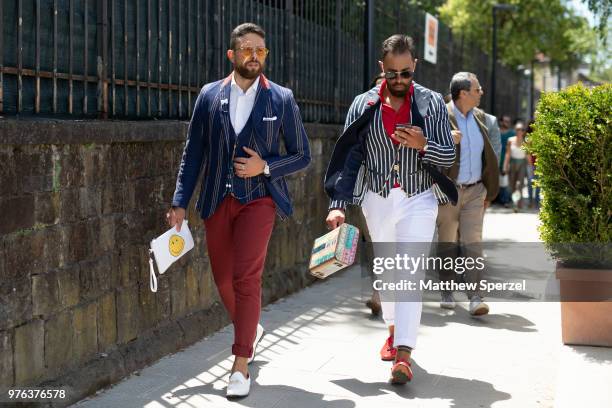 Guests are seen during the 94th Pitti Immagine Uomo on June 14, 2018 in Florence, Italy.