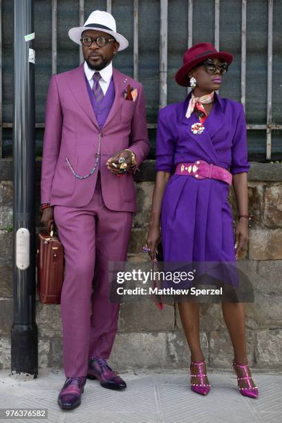 Guests are seen during the 94th Pitti Immagine Uomo on June 14, 2018 in Florence, Italy.