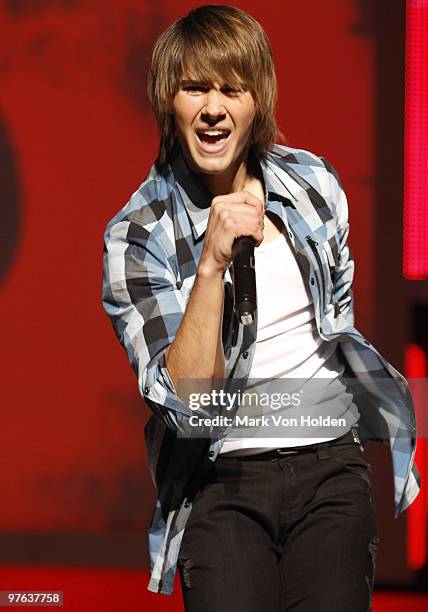 Big time Rush's James Maslow performs at the 2010 Nickelodeon Upfront Presentation at Hammerstein Ballroom on March 11, 2010 in New York City.