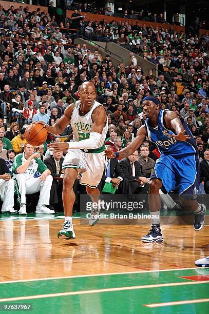 Ray Allen of the Boston Celtics drives past Josh Howard of the Dallas Mavericks during the game on January 18, 2010 at TD Banknorth Garden in Boston,...