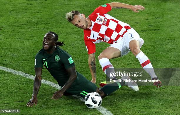 Victor Moses of Nigeria is fouled by Ivan Rakitic of Croatia during the 2018 FIFA World Cup Russia group D match between Croatia and Nigeria at...