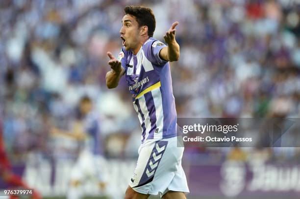 Jaime Mata of Real Valladolid argues during the La Liga 123 play off match between Real Valladolid and Club Deportivo Numancia at Jose Zorilla...