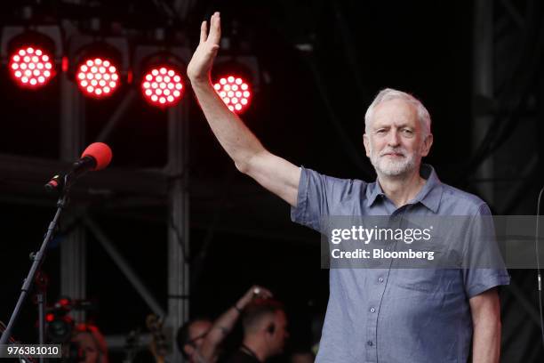 Jeremy Corbyn, leader of the U.K's opposition Labour Party, waves after speaking during the 'Labour Live' festival in London, U.K., on Saturday, June...