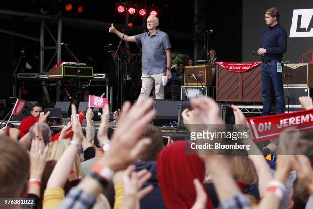 Jeremy Corbyn, leader of the U.K's opposition Labour Party, gives a thumbs up after speaking during the 'Labour Live' festival in London, U.K., on...