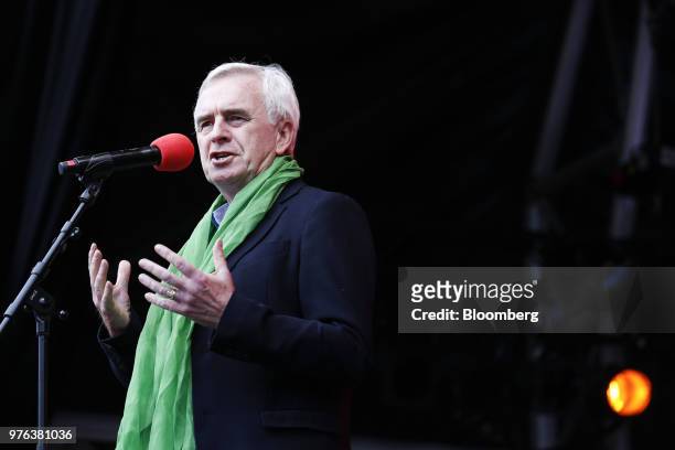 John McDonnell, finance spokesman for the U.K. Opposition Labour party, speaks during the 'Labour Live' festival in London, U.K., on Saturday, June...