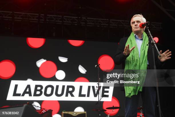 John McDonnell, finance spokesman for the U.K. Opposition Labour party, speaks during the 'Labour Live' festival in London, U.K., on Saturday, June...