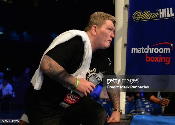 Jake Haighs coach retired ex champion boxer Ricky Hatton looks on during the Super-Middleweight contest presented by Matchroom Boxing between Jake...