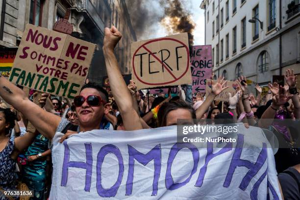 Tens of thousands take part in the annual Gay Pride Parade in Lyon, eastern France on June 16, 2018. Tens of thousands took to the streets waving...