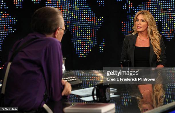 Host Larry King interviews actress Nicole Eggert on the television show "Larry King Live" at CNN on March 10, 2010 in Los Angeles, California. (Photo...