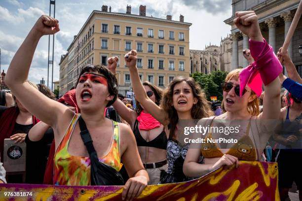 Tens of thousands take part in the annual Gay Pride Parade in Lyon, eastern France on June 16, 2018. Tens of thousands took to the streets waving...