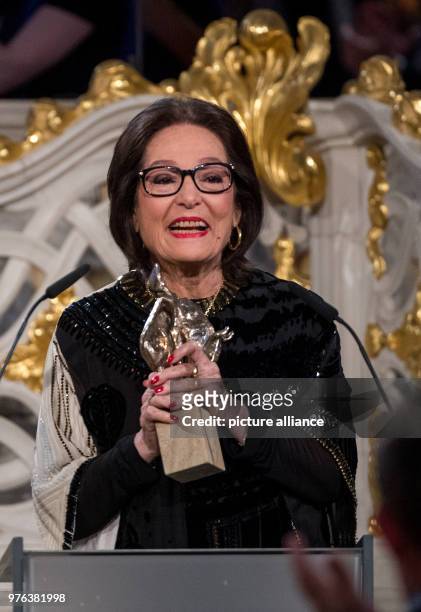June 2018, Germany, Dresden: Award winner Nana Mouskouri, a singer from Greece, speaks at the award ceremony of the European Culture Prize 'Taurus'...