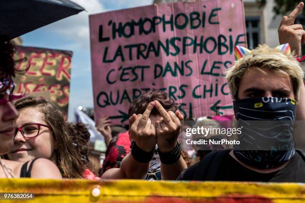 Tens of thousands take part in the annual Gay Pride Parade in Lyon, eastern France on June 16, 2018. Tens of thousands took to the streets waving...