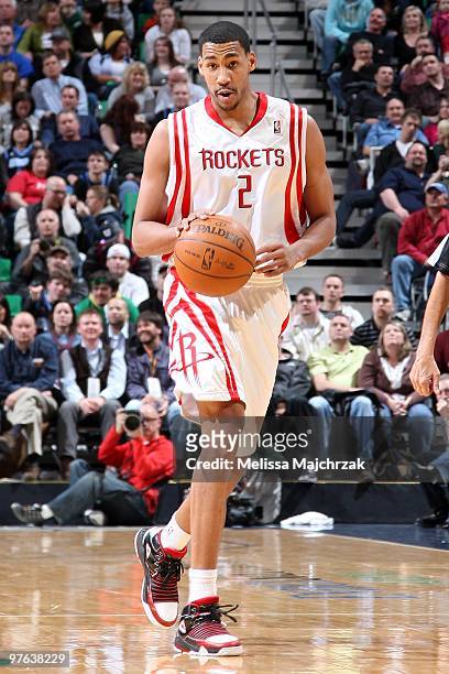 Garrett Temple of the Houston Rockets handles the ball against the Utah Jazz during the game on February 27, 2010 at EnergySolutions Arena in Salt...