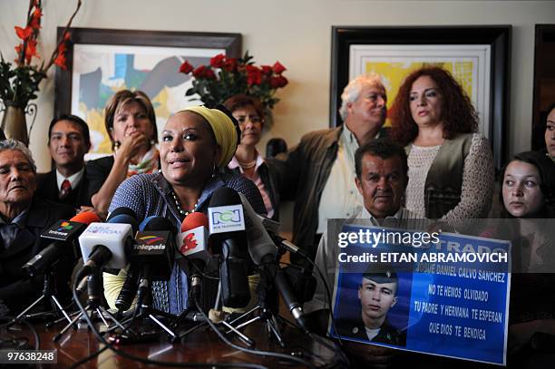 Colombia's Senator Piedad Cordoba speaks during a press conference next to Emperatriz de Guevara , mother of deceased Major Julian Ernesto Guevara,...