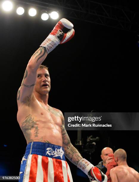 Ricky Burns reacts after beating Ivan Njegac during the Super-Lightweight contest presented by Matchroom Boxing at Metro Radio Arena on June 16, 2018...