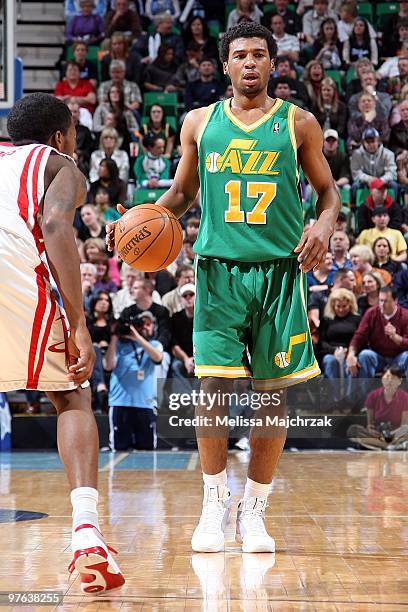 Ronnie Price of the Utah Jazz handles the ball against the Houston Rockets during the game on February 27, 2010 at EnergySolutions Arena in Salt Lake...